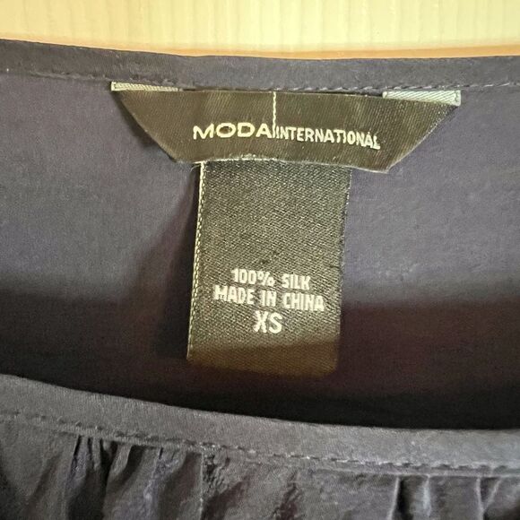 Moda International Womens Ruffled Silk Navy Blouse Size XS 3/4 Sleeve Flowy Work - Picture 4 of 6